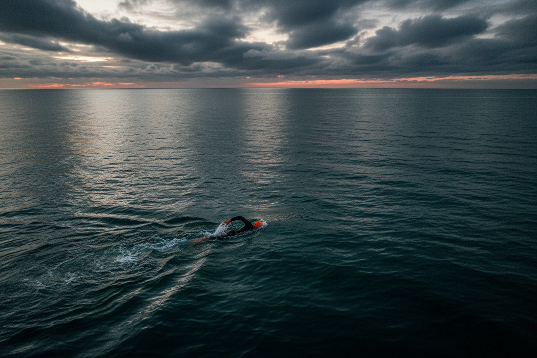 Open water swimming with dark mood