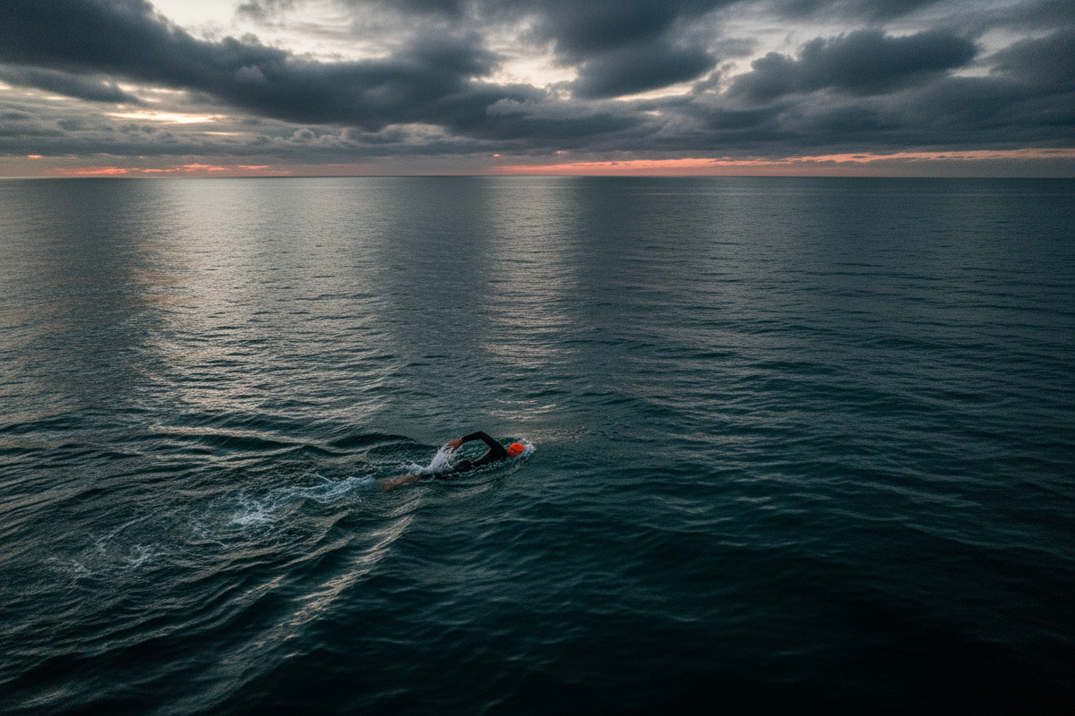 Open water swimming with dark mood